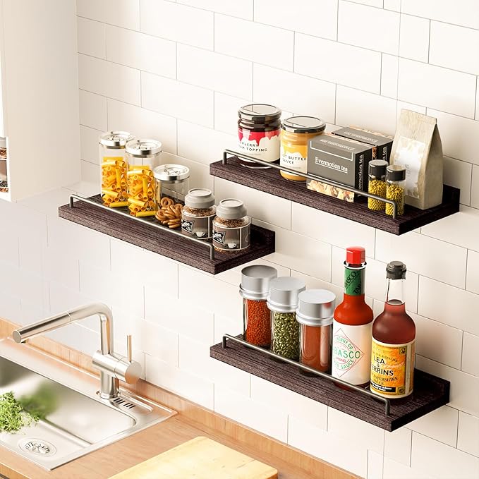 RYOFOBETTO Floating Shelves, Bathroom Decor Shelves Over Toilet, Farmhouse Wall Shelves for Living Room, Bedroom, Picture Frames, Plants, Kitchen, Set of 3 (Walnut Brown)
