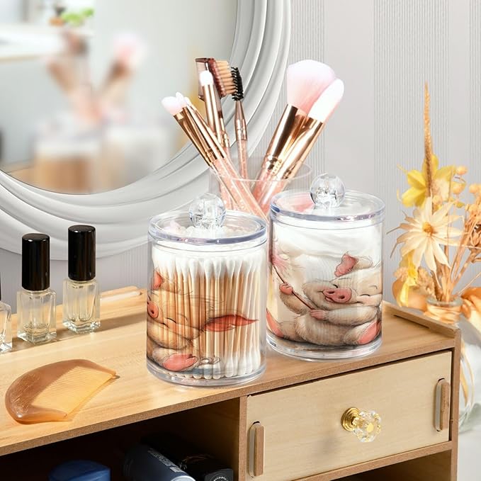 2 Pack Apothecary Jars,Cute Pig Sweet Bathroom Vanity Storage Organizer Set,Small Clear Plastic Storage Jars Bathroom Canister for Cotton Swabs,Rounds,Balls,Qtips,Makeup Sponges
