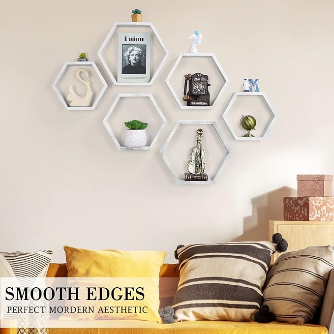 NORCEESAN Hexagon Floating Shelves Set of 6 Honeycomb Shelves Wooden Farmhouse Hexagonal Shelf for Wall Decor Hanging Shelves Honeycomb Storage Shelf for Bedroom Living Room Nursery, Grey-White