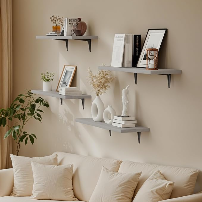 SKYSEN Floating Shelves for Wall Set of 6, 23.6in Wood Wall Shelf for Decor, Bathroom, Bedroom, Storage, Book,Kitchen, Living Room - Grey(fs-60-g)