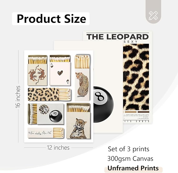 Trendy Leopard Wall Art Decor Cheetah Aesthetic Canvas Prints Preppy Cheetah Room Decor Poster Stylish Matchbox Wall Art Funky Y2k Pictures Lucky 8 Ball Artwork for Bedroom 12x16x3 Inch Unframed