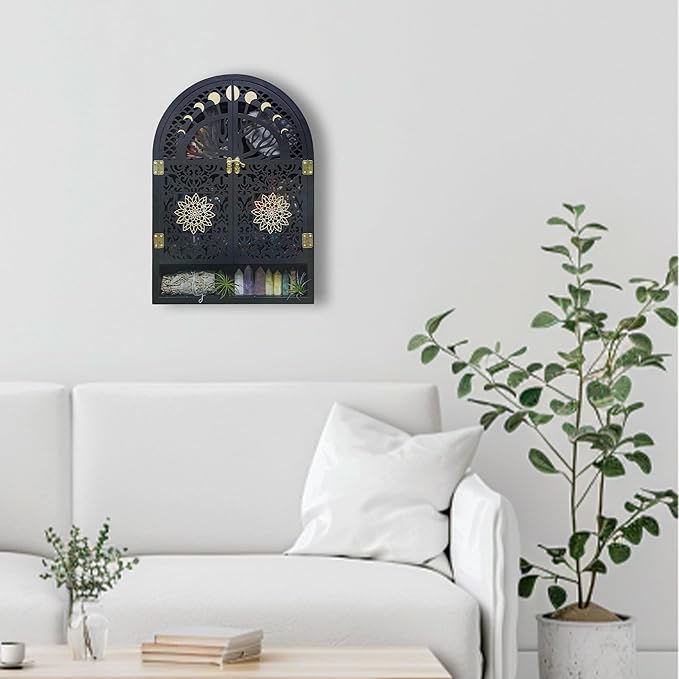 Large Crystal Display Shelf for Wall, Crescent Moon Phase Shelf Wall Decor, Wooden Arch Shelf, Tree of Life Crystal Holder Organizer, Cabinet for Gem Stone Rock, Spiritual Home Room Decor