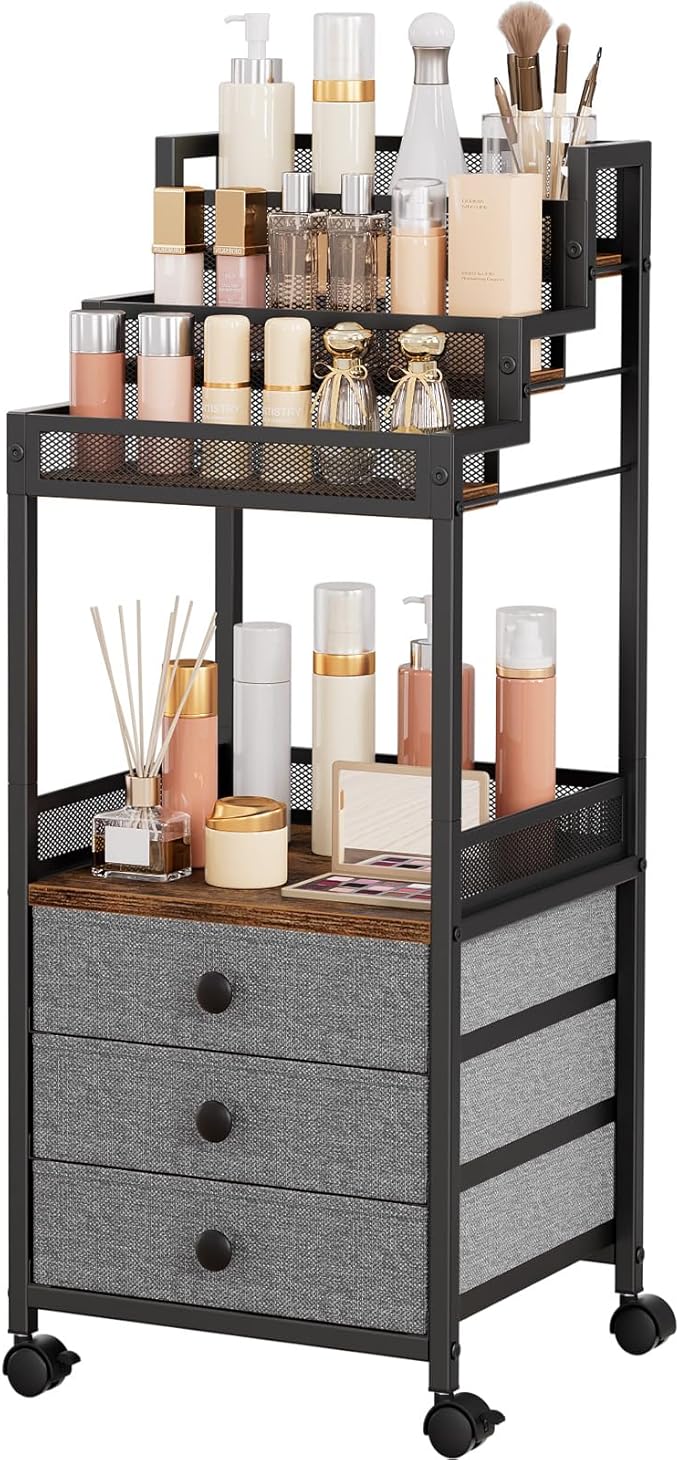Display Riser Stand Perfume Cologne Organizer, Rolling Makeup Storage Cart with Fabric Drawers, Floor Vanity Cosmetics Display Cases for Skin Care Nail Polish Figures Rustic Brown Ladder Stand