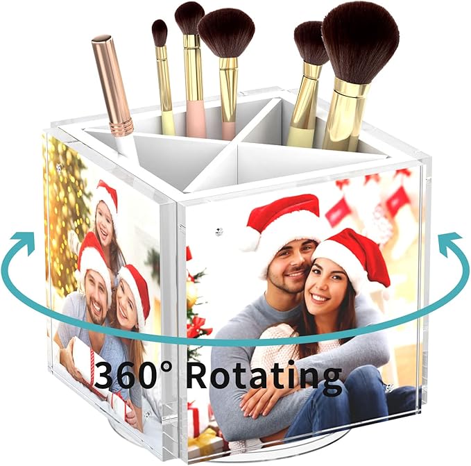 HIIMIEI Acrylic Picture Frames for Desk, 4-side Magnetic Photo Cube Pen Holder 4"x 4", 360° Rotating Desktop Organizer for Pencil, Makeup Brushes, Home, Office (White)