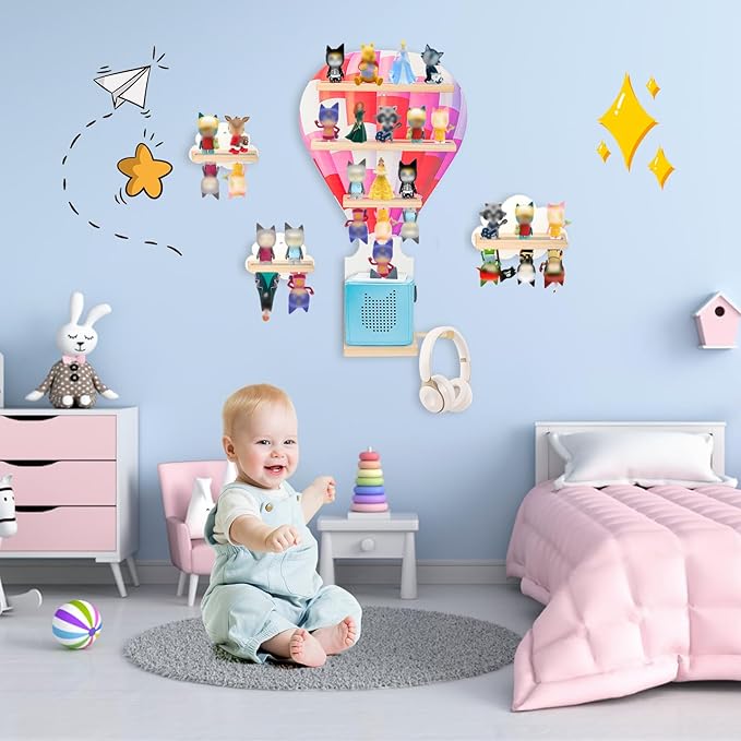 for Toniebox 2 and Toniebox 1 Tonie Shelf Wall Mounted Set of 4 (Balloons and 3 Cloud),Tonies Figures Tonies Storage,Magnetic Wooden Floating Shelves Compatible with Tonie box Player Character
