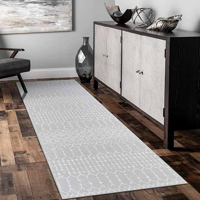 Lahome Moroccan Runners for Hallways 2x6 Washable Non-Slip Carpet Runner Throw Ultra-Thin Kitchen Bedroom Rugs Grey Distressed Print Rug Entrance Bathroom Laundry Room Living Grey/White 2' x 6' Hana