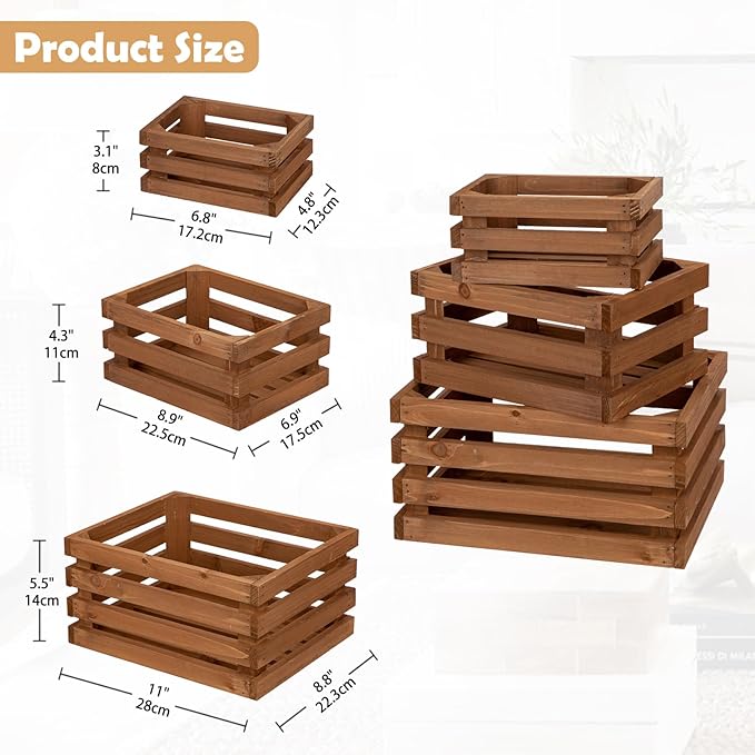Set of 3 Nesting Wooden Storage Crates - Rustic Wooden Storage Crates for Display Brown Wood Container Boxes Wood Baskets for Farmhouse Flower Stand Display Rack for Shops or Exhibitions Home Decor