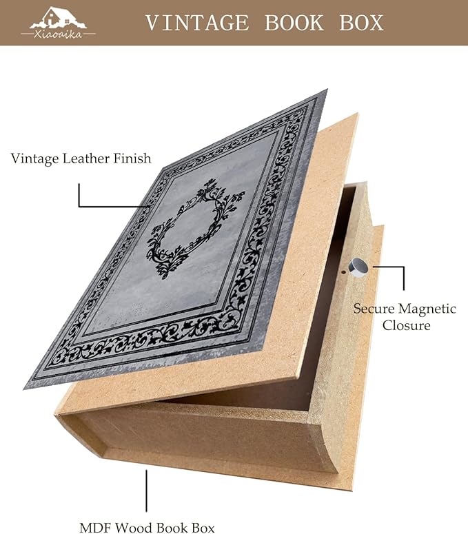 Decorative Wooden Book Box - Vintage Faux Book Boxes for Home Decor, Secret Storage with Magnetic Closure, Antique Style, Grey Leather Cover Design, Perfect for Home Office Bookshelf 10x7x1.6 Inches