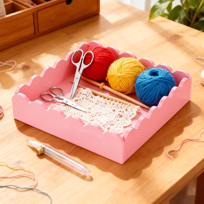 Acrylic Tray, Scalloped Glossy Pink Acrylic Decorative Tray for Home Decor, 8x8 Inch Acrylic Organizer Tray for Vanity Countertop Makeup Skincare Square Acrylic Storage Tray (Square Pink)