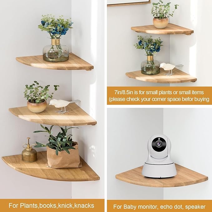 Corner Shelves, Floating Corner Shelf, Set of 2 16inch Solid Oak Wood Wall Shelves, Round End Wall Mount Display Shelf with Wire Hole for Bedroom Kitchen, Living Room (Oak, 16in 2P)
