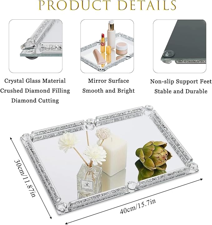 Large Crystal Perfume Tray, 15.7" x 11.8" Silver Glass Mirror Vanity Tray Noble Jewelry Trinket Display Tray for Desser Crushed Diamond Home Decor Cosmetics Makeup Organizer Serving Trays for Party