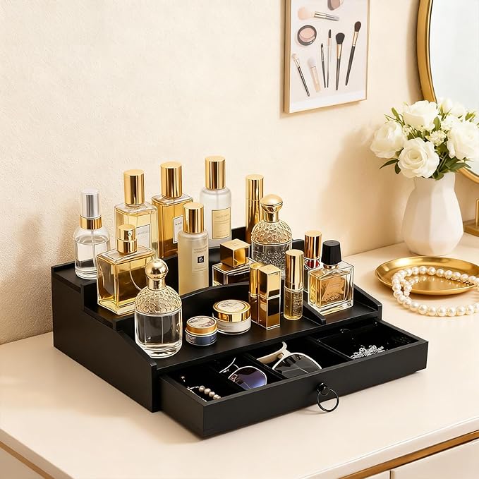 Foraineam Perfume Organizer, 3 Tier Wood Perfume Display Stand for Dresser, Black Wooden Fragrance Holder Shelf Display Risers with Felt Lining Drawer and Hidden Compartment