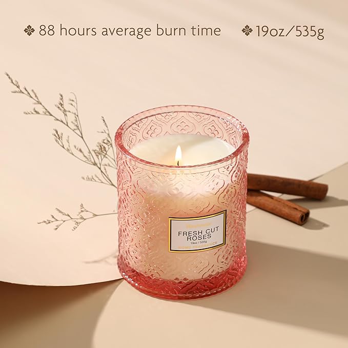 Rose Scented Candles, Valentine Pink Decorative Glass Candle, Valentine Candles Gifts for Women, Natural Soy Wax for Home Fragrance, 19oz