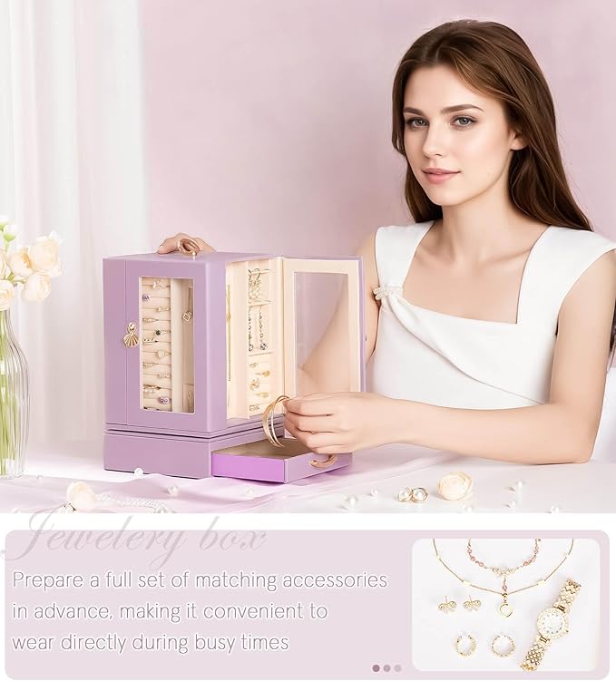 Enthralite Jewelry Box Large for Dresser: Women Necklace Ring Storage Organizer with Compartments - Elegant Earring Holder Display - 360° Rotating Jewelry Organizer with Glass Door