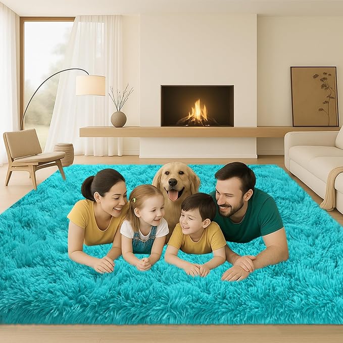 Teal Blue Plush Rug 9x12, Fluffy Shag Carpet Non-Slip, Area Rug for Living Room Bedroom, Modern Soft Rug for Kids Dorm, Hypoallergenic Easy-Clean