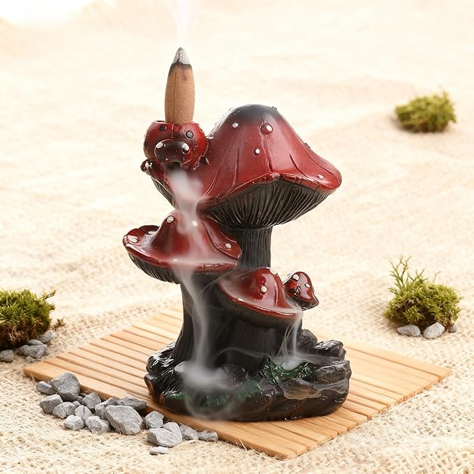 Incense Holder Waterfall Backflow Incense Burner Mushroom Decor with 20 Cones, Resin Relaxation Burner for Palo Santo, Home Office Meditation Desk Decor Zen Cottagecore for Mom