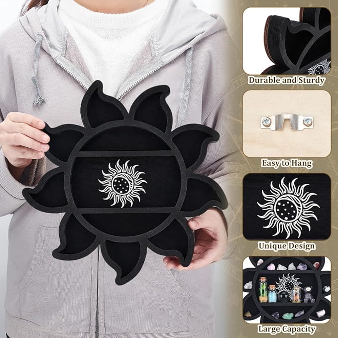 peacoblue Sun Flower Crystal Display Shelf Wall - 11.8×11.8×1.12" Wooden Wall Decor Art Hanging Case with 3-Layer Crystals Gem Stone Storage Organizer for Boho Witchy Home Decor or Modern Interiors