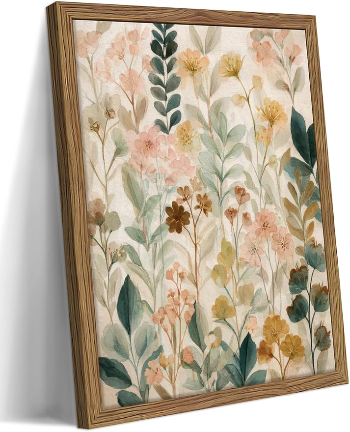 Framed Boho Floral Wall Art, Neutral Botanical Wildflower Canvas Wall Decor Painting, Vintage Flower Poster Print Picture for Living Room Bathroom Bedroom 16x24 Inch
