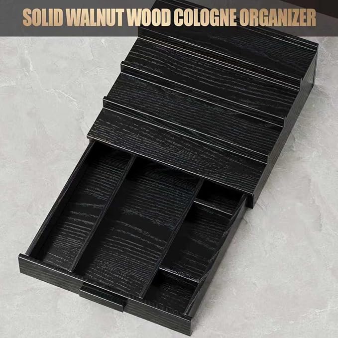 Solid Walnut Cologne Organizer for Men,Cologne Stand,4 Tier Wooden Cologne Holder Shelf Display,Perfume Stand Organizer with Drawer and Hidden Compartment,Gift for Men Dad Husband,Black