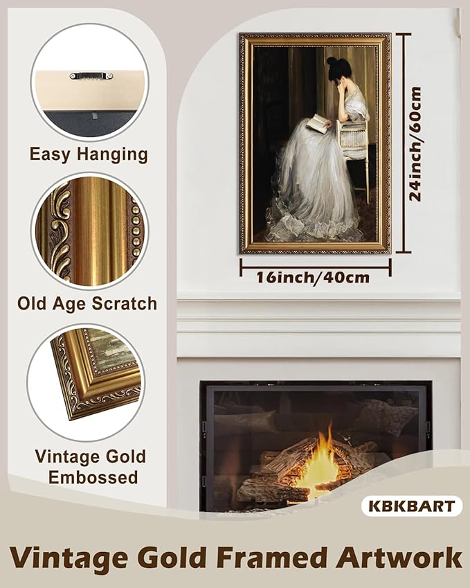 KBKBART Gold Framed Canvas Wall Art Print, Vintage Wall Art Mid-Century Lady Classical Women Painting Picture, Vintage European Portrait Wall Decor for Bedroom Bathroom Decor Wall Art, 16’’x24’