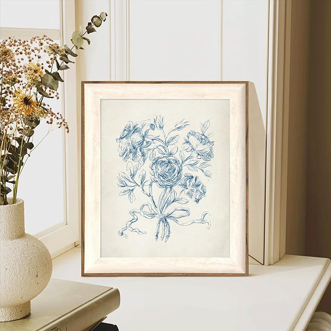 ASTRDECOR Framed Vintage Wall Art for Bathroom, Botanical Blue Wall Art for Home Decor Aesthetic, Victorian Blue Rose Bouquet Sketch Painting Floral Canvas Art Prints, Antique Flower Pictures for Living Room - 10''x12''