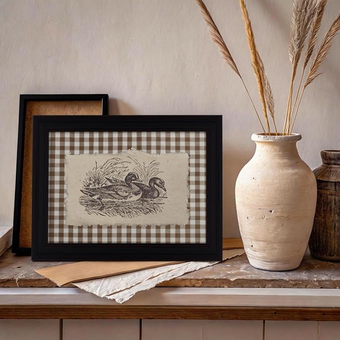 Nature Duck Animal Poster Vintage Brown Gingham Canvas Wall Art Rustic Cottagecore Pond Prints for Country Farmhouse Wall Decor 16X20 inch Vintage Framed