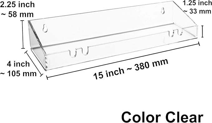 AMT 4 Pack Acrylic Floating Shelves, 15" L x 4" W, Clear Bathroom Wall Shelf, Bookshelves, Invisible Display for Office, Bedroom, Hanging Slots for Bath Sponge & Others Items, Free Screws & Drill Bit