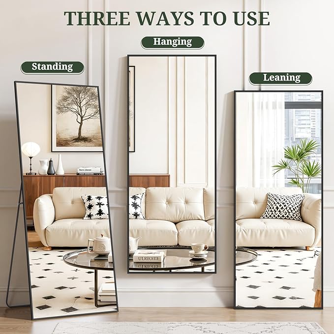 Mirror Full Length 64"x21" Full Body Floor Mirror with Stand, Shatterproof Glass, Aluminum Alloy Frame, Free Standing Wall Mounted or Leaning Rectangle Mirrors for Bedroom Living Room Entryway