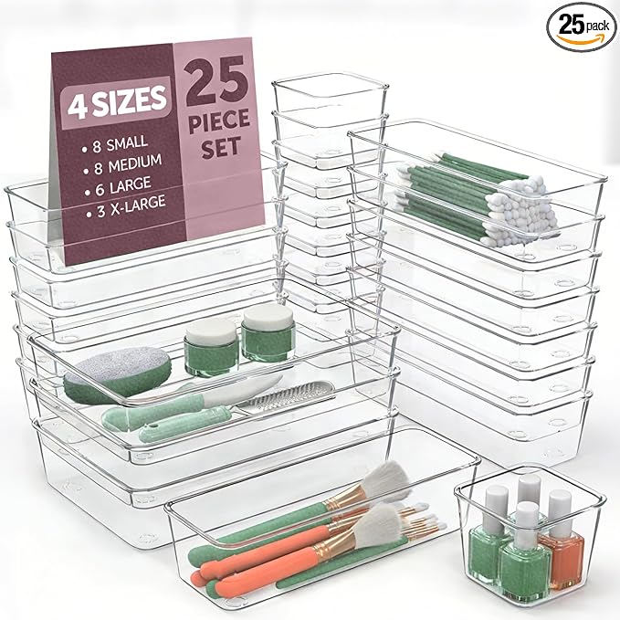 25-Piece Clear Plastic Drawer Organizer Set with 4 Sizes - Compartment Storage Bins, Drawer Dividers for Home, Office, Makeup, Jewelry, Gadgets, Kitchen and Bathroom Organization