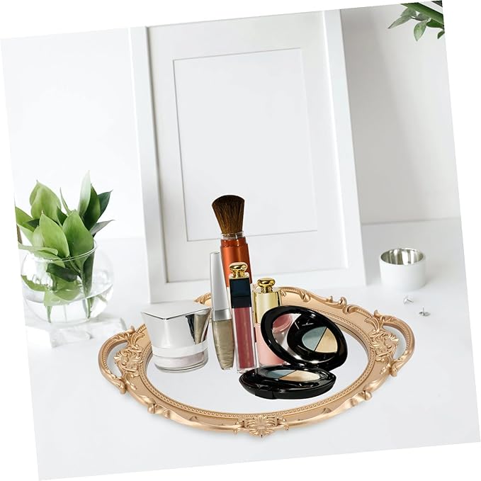 Lurrose Retro European Style Mirror Tray for Jewelry and Perfume Storage Elegant Decorative Oval Makeup Organizer Plate for Wedding Vanity Home Office Display