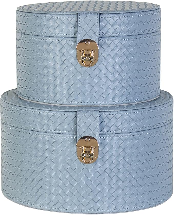 Large Leather Decorative Boxes Set of 2 Round Hat Box Bin Basket with Lid for Shelf Coffee Table Storage Remotes Modern Home Decor (light blue)
