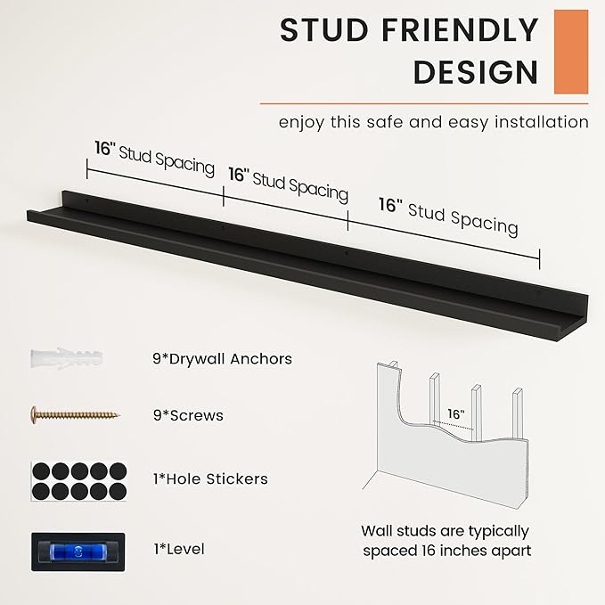 FLYJOE Picture Ledge Shelf, Floating Shelves Set of 2, 52 Inches Nursery Book Shelves for Toys Storage, Kids Bookshelf Wall Mounted for Living Room Bedroom Decor Books Photo Frames, Black
