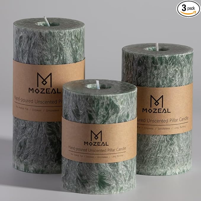 MOZEAL Hand-Poured, Unscented Green Crystal Pillar Decorative Candles, Elegant Set of 3 in Different Sizes (3"x4", 3"x5", 3"x6"), Luxurious Décor for Christmas Homes & Events