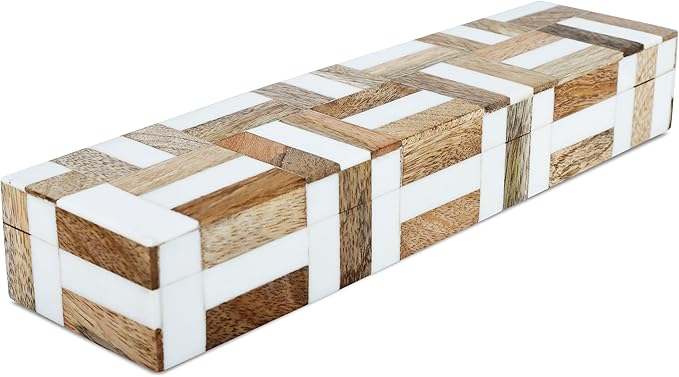 Handicrafts Home White Decorative Storage Box with Lid Wood Entryway Organizer Key Holder Box Console Table Storage for Hallway – Resin Inlay Marquet Chase Collection - 10x2.5x1.5