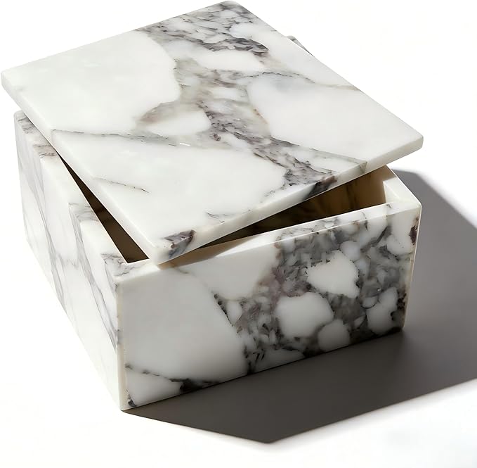 Luxury Marble Storage Box with Lid, White and Purple Veined Pattern, Decorative Organizer for Makeup Brushes, Jewelry, Bathroom Accessories (Square)