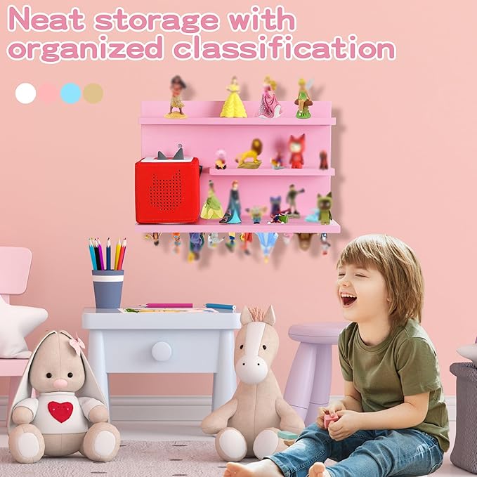 PHOENANCEE for Tonies Shelf Magnetic,for Toniebox Figures Storage Display Shelf 40-48 Character,Wall Floating Shelves Wooden,Compatible Charging Station for Children Kid's Room,Pine,3 Tier