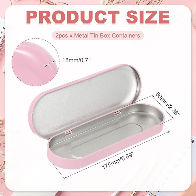 uxcell 2pcs Metal Hinged Tins Box, 6.9x2.4x0.7 Inch Rectangular Empty Tin Box Portable Pencil Containers for Pen Makeup Brushes Home Organizers, Pink