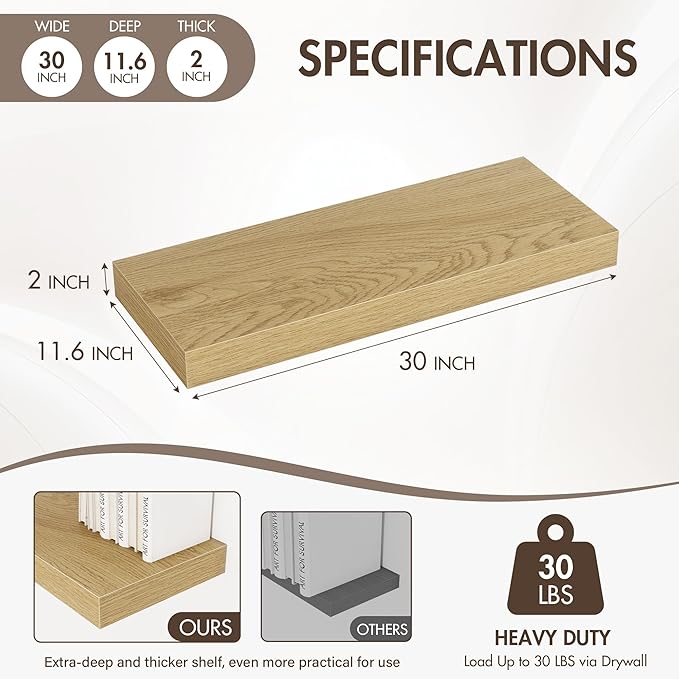 Acovy 30 Inch Floating Shelves, 12" Deep Floating Shelf Wall Mounted, 30" Wall Shelves, Rustic Deep Bookshelf, Extra Deeper & Thicker Display Shelves for Bedroom, Living Room, Oak, Set of 2