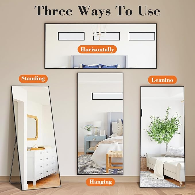 NEWBULIG Full Length Mirror, Full Body Floor Mirror with Aluminum Alloy Thin Frame, Wall or Standing Mirror for Bedroom, Living Room, Dressing Room