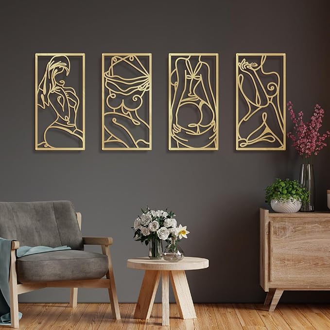 Bakovity Gold Metal Bathroom Wall Art Minimalist Line Art Wall Decor Gold Abstract Modern Wall Decor for Bathroom Living Room Bedroom (4 Pcs,17 x 9 in)