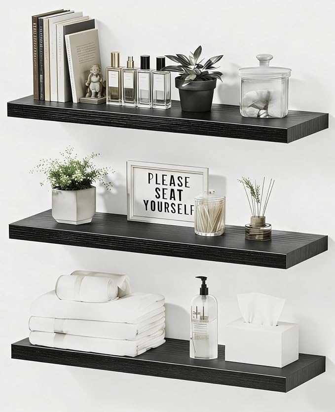 Assembly Easy Floating Shelves Set of 3,24 Inch Wall Mounted Wooden Shelf, Rustic Hanging Shelves for Home Decor, Books and Storage, Organizer for Bedroom,Small Bathroom,Kitchen,Black