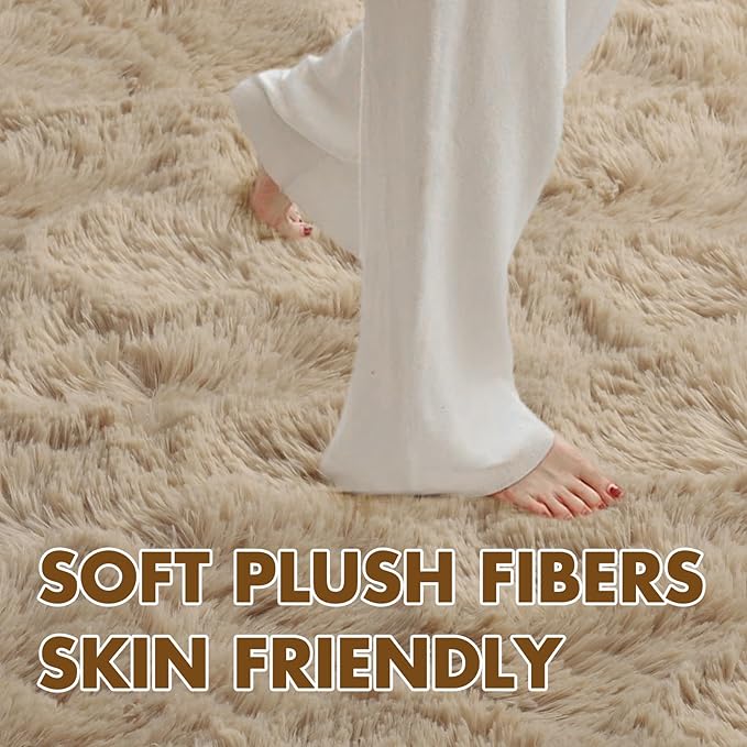 8x10 Ft Extra Large Shag Beige Rugs for Living Room Bedroom, Ultra Soft Fluffy Furry Area Rugs for Playroom Indoor Floor, Aesthetic Carpet for Kids Home Decor