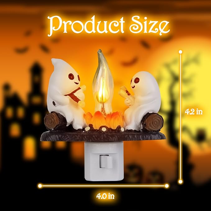 Ghost Campfire Flickering Night Light, 3D Small Electric Faux Campfire Night Light,Ghosts Campfire Flicker Flame Nightlight, 5in LED Campfire Night Lights Funny Halloween Decor