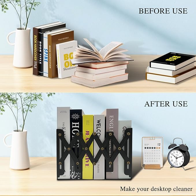 Adjustable Bookends Non Skid Decorative Bookends,Metal Bookend for Heavy Books,Bookshelf Organizer Holder for Books and Magazines for Desk(Black)