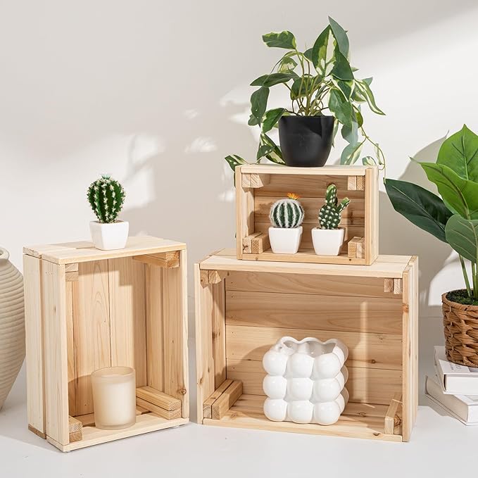 Oairse Set of 3 Rustic Wooden Storage Crates - Vintage Wood Storage Boxes with Handle for Home Organization Wooden Container Boxes Wood Baskets for Display Kitchen Pantry Cabinet, Shelf, Counter