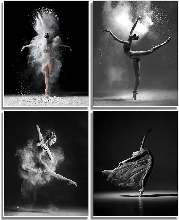 NCYEL 4Pcs Black and White Ballet Wall Art Girl Dancing Canvas Prints Elegant Dance Wall Decor Poster Modern Gallery Style Prints Living Room Bedroom Pictures 8x10 Inch Unframed