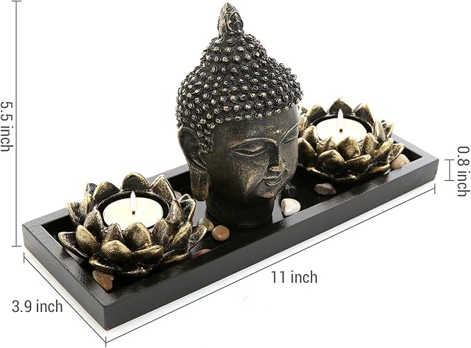 MyGift Black Buddha Head Sculpture Zen Garden Set with Lotus Tealight Candle Holders and Wooden Display Tray, Decorative Tabletop Home Accent