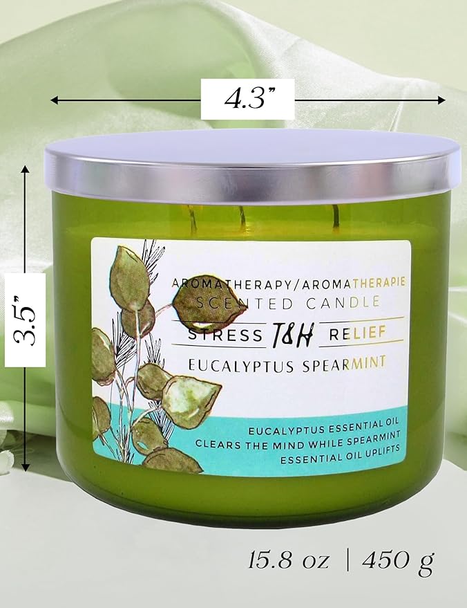 Eucalyptus Spearmint Scented Candle | 15.8 oz Large 3 Wick Soy Candle | Soothing Aromatherapy Candle for Home | Fresh Spa Scent | Long Lasting Clean Burn | Relaxation & Yoga Gift for Women & Men