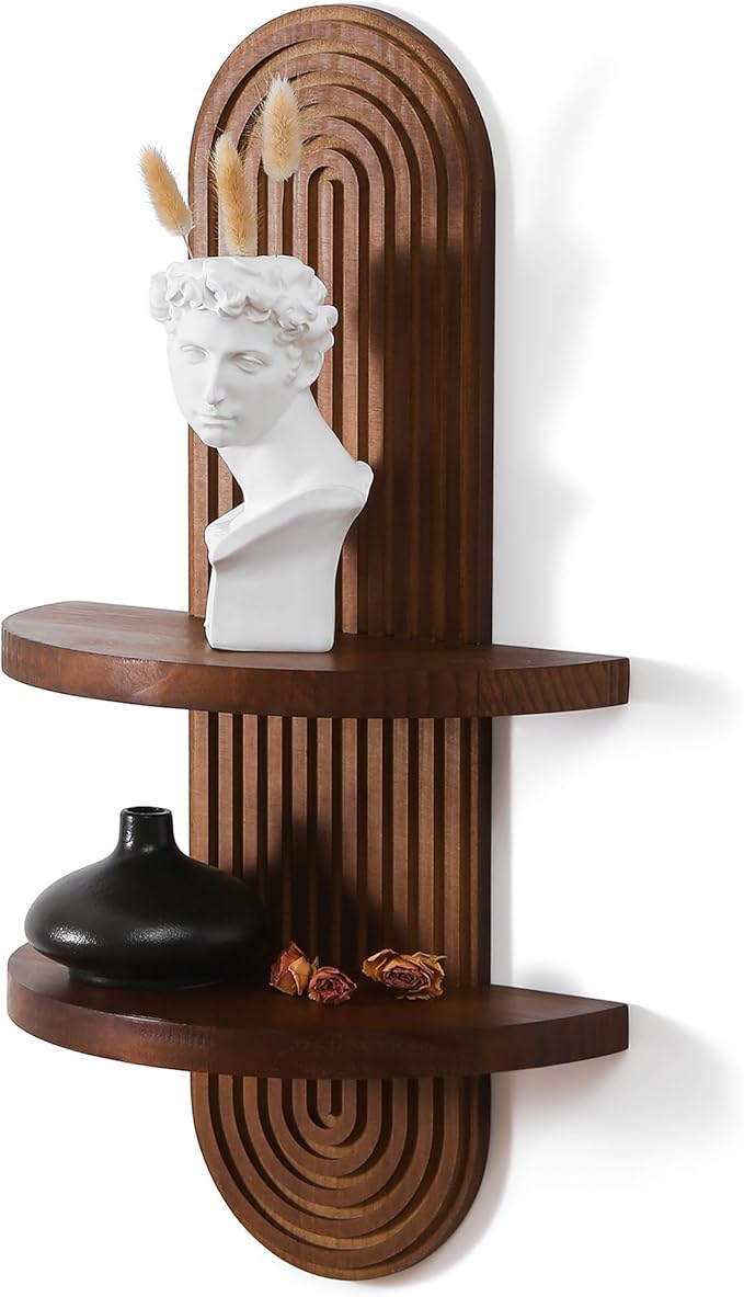 GRID FORTE Modern Wall Shelf with Arched Wood Design Mid-Century Double Floating Rainbow Shelves for Indoor Decoration Holding Planter Ornaments, 22 x 11.6 Inch (Walnut)