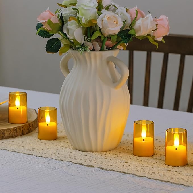 Flameless Small Tea Light LED Candles, Acrylic Battery Operated Votive 1.7" x2.5" with Remote Control and Timer, Tealight Amber Flickering Warm Light Pack of 8 Electric Long Lasting